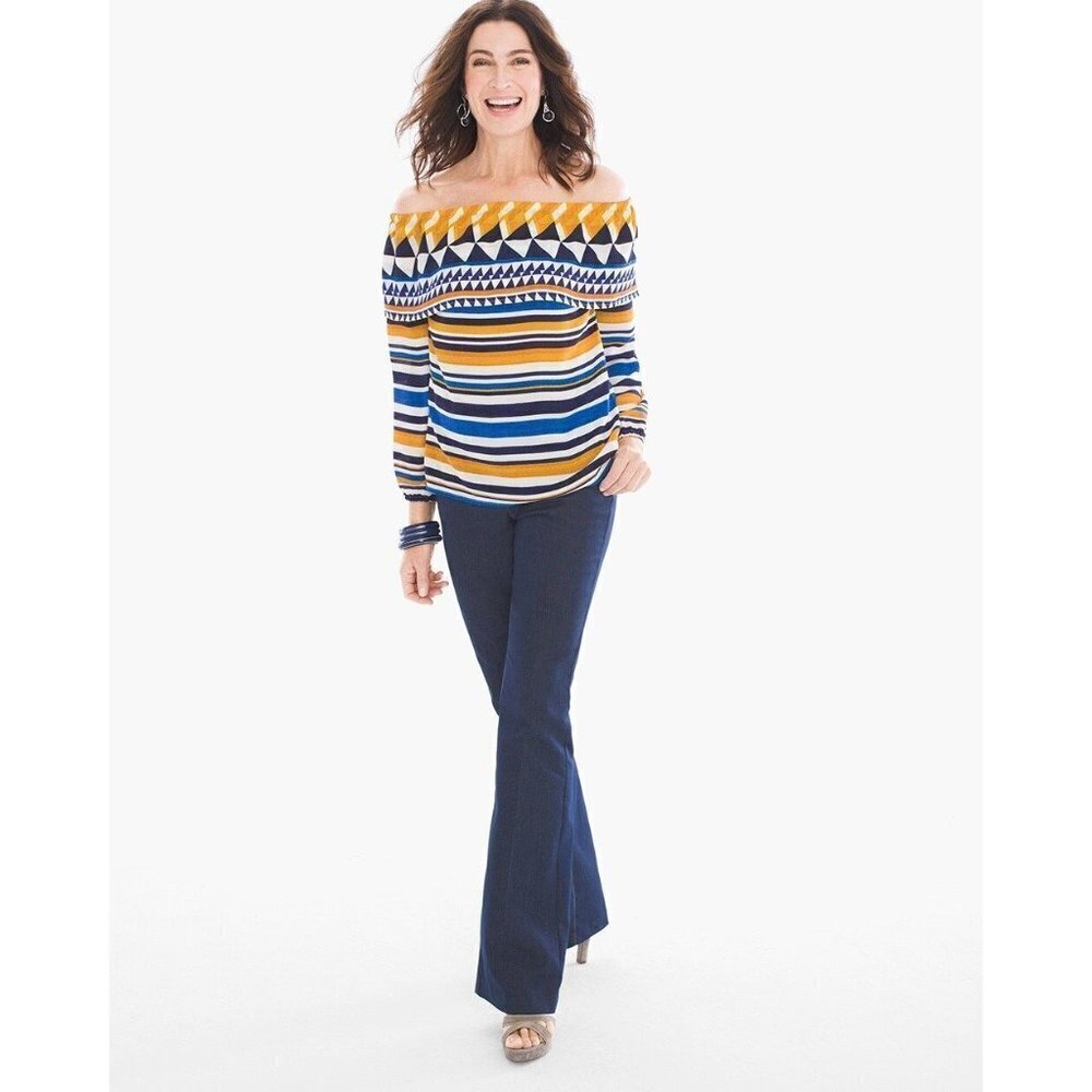 Chicos ladies striped off the shoulder ruffle Aztec tunic quarter sleeve Medium